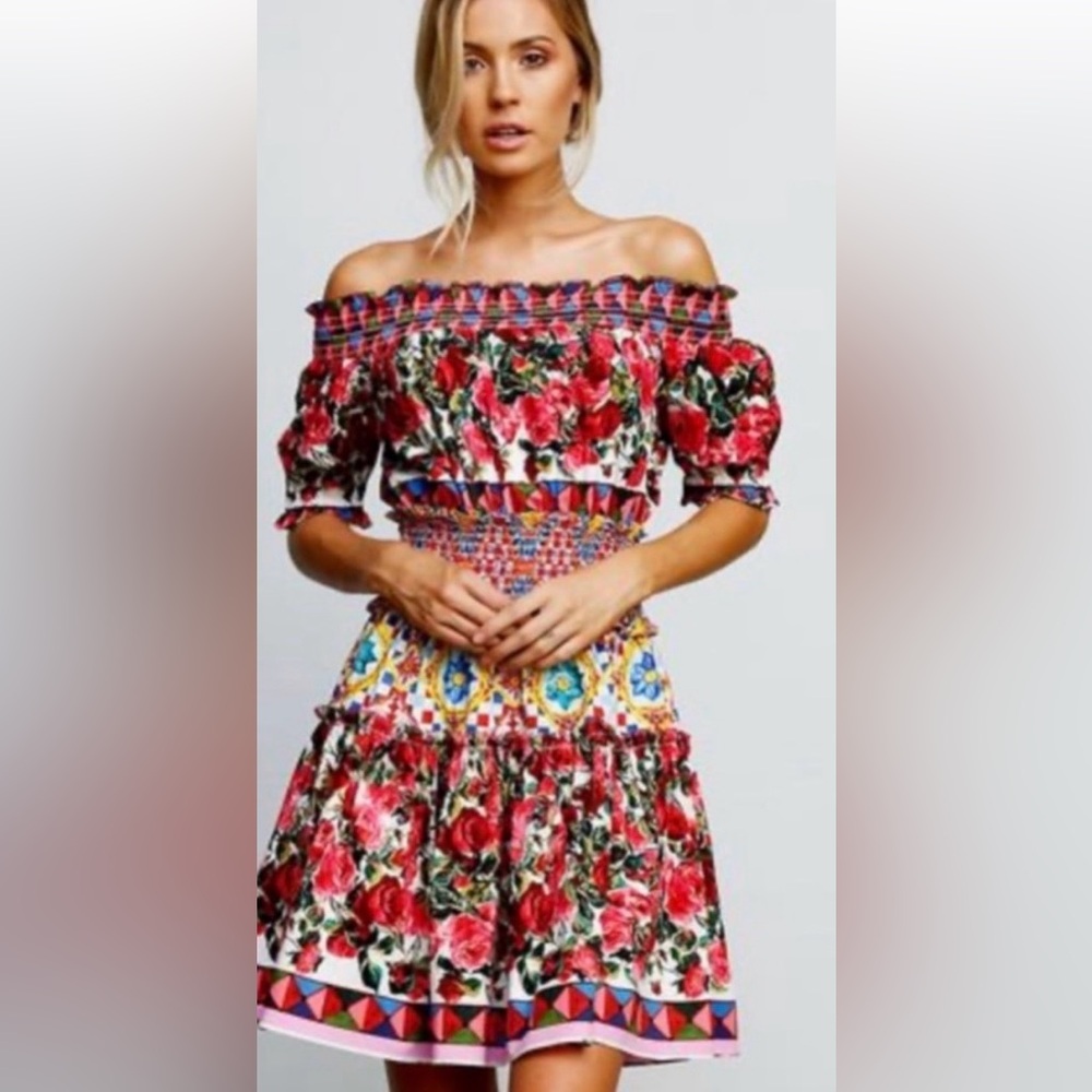 Aviva On Earth Rose Print Off Shoulder Dress Size 38 Sicily Inspired Cotton